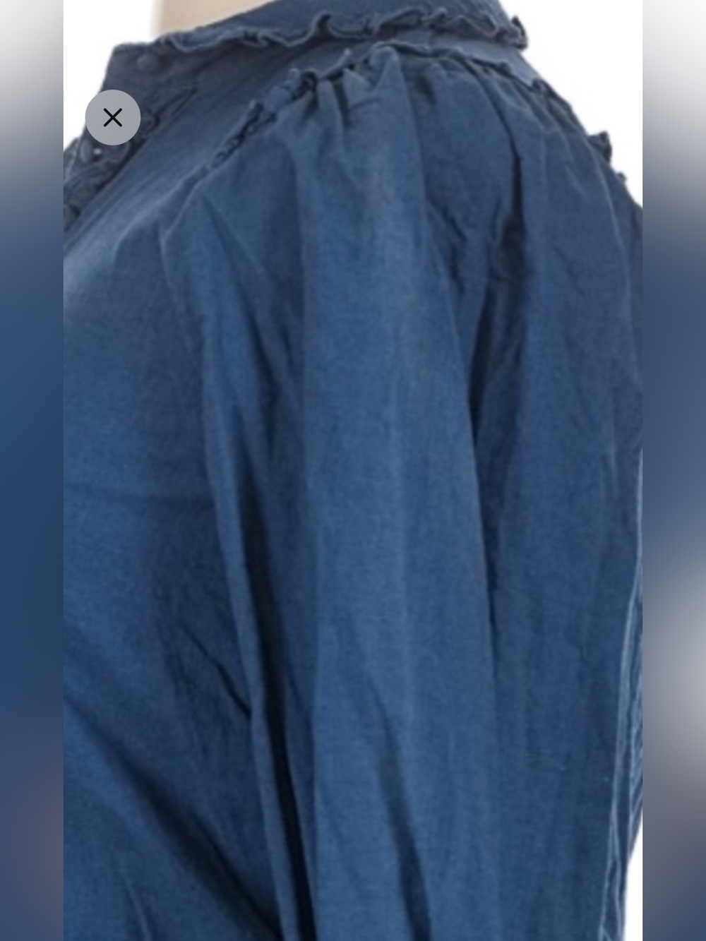Sezane MacKenzie Blue Maquis Ruffle Puff Sleeve Button Down Blouse - Picture 3 of 9